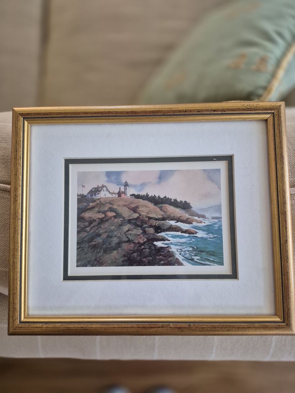 Coastal Lighthouse Watercolor in Gold Frame